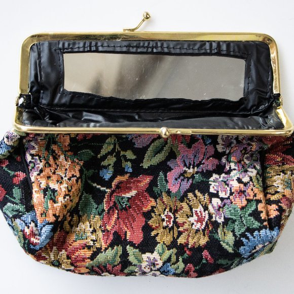 Vintage Floral Tapestry Purse + Makeup Bag w/ Mirror Set 1950s Retro - Picture 4 of 8